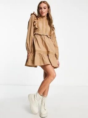 Miss Selfridge ASOS Tan Ruffle High-Neck Mini Dress